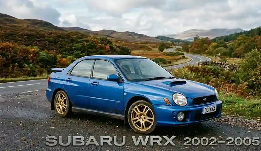 Subaru WRX (2002-20025) World Rally Blue Subaru WRX sedan 2002-2005 on a mountain pass