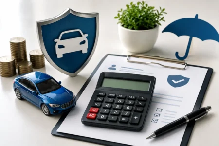Car insurance calculator showing estimated annual premium and rate factors by age, vehicle, state, and driving history